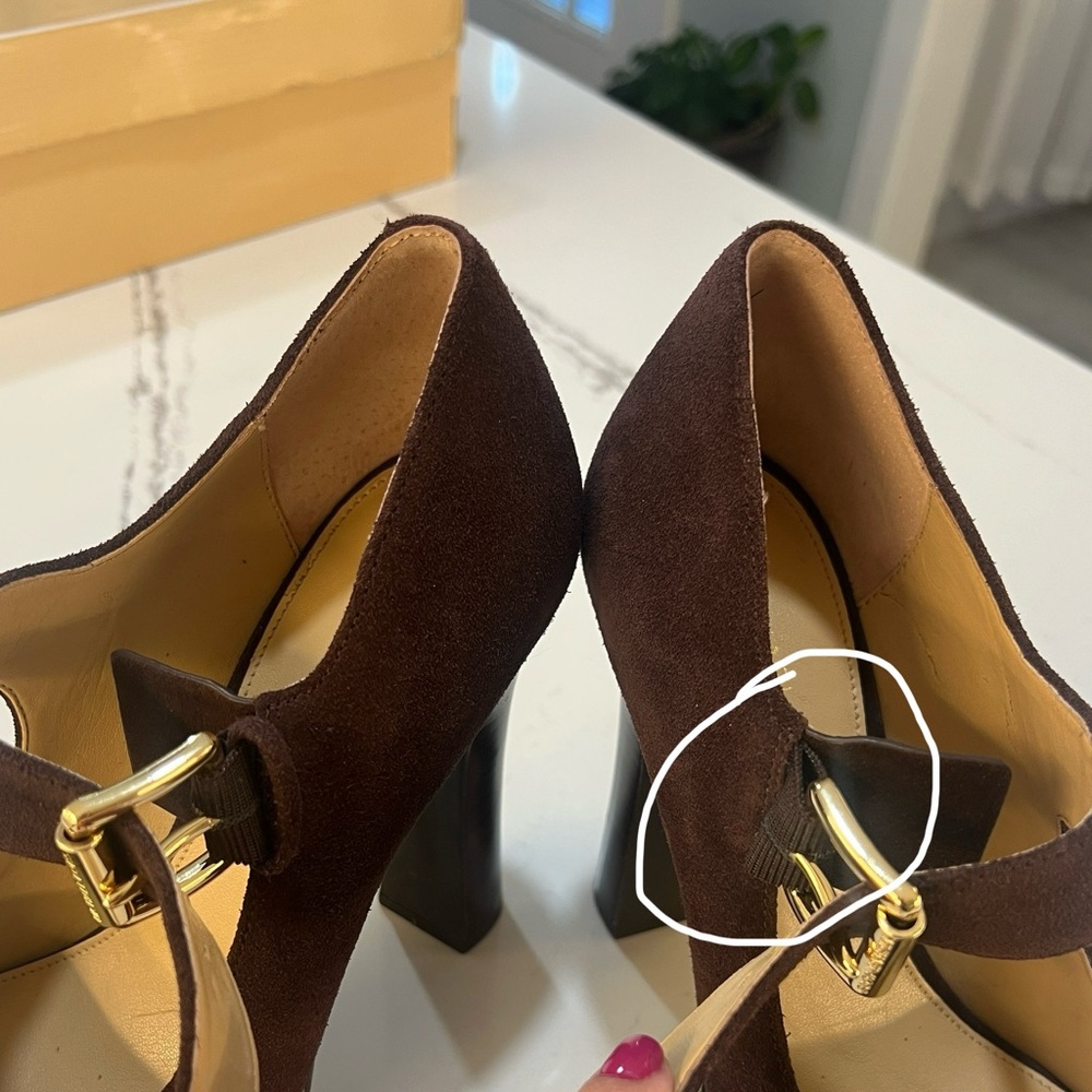 Michael Kors Dark Brown Suede Heels with Gold Buckle Size 7.5 M - Picture 15 of 16